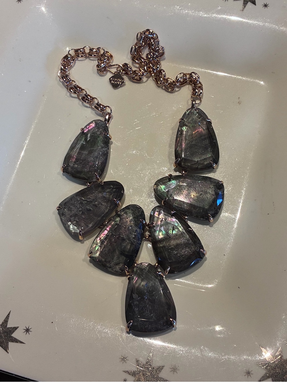 Kendra Scott Rosegold Harlow statement necklace grey illusion stones.
